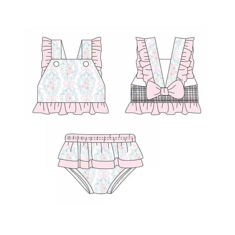 Pink ruffle bow floral two pieces girls swimsuit