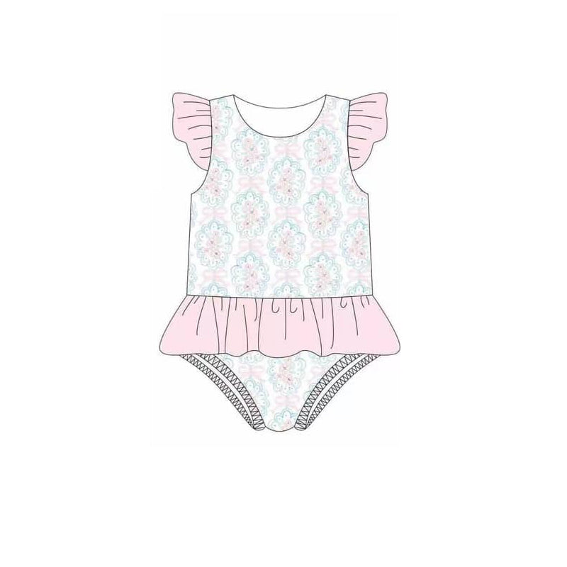 Pink ruffle bow floral two pieces girls swimsuit