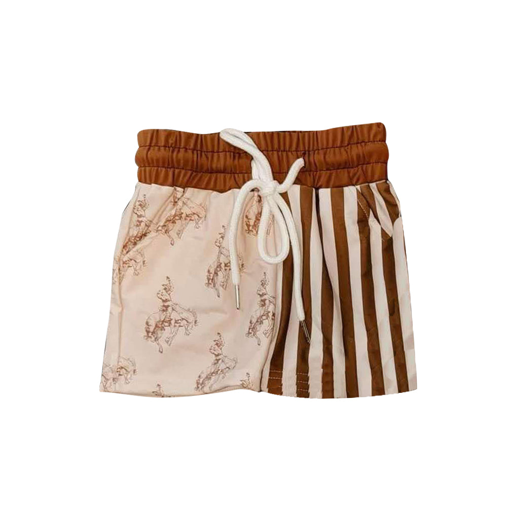 Rodeo brown stripe western kids boys summer swim trunks