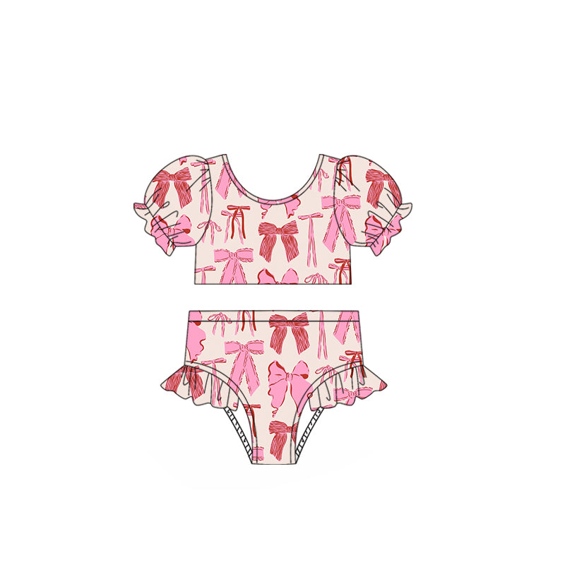 S0493Short sleeves pink bow kids girls summer swimsuit