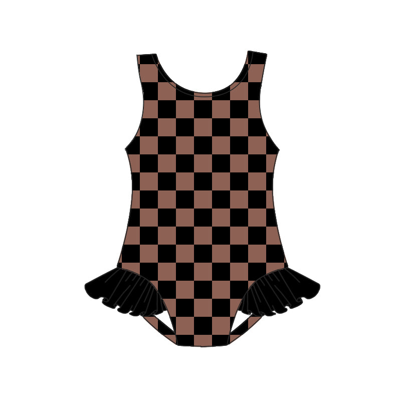 Sleeveless khaki black plaid baby girls summer swimsuit