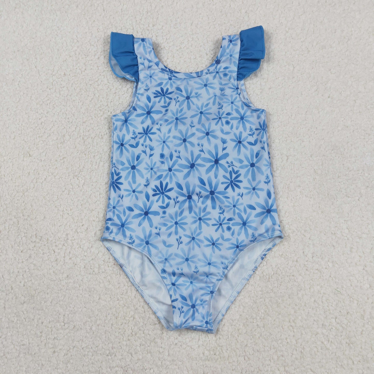 S0515 RTS NO MOQ （In stock ）Blue flutter sleeves floral baby girls summer swimsuit