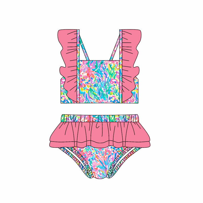 Blue flutter sleeves ruffle watercolor girls summer swimsuit
