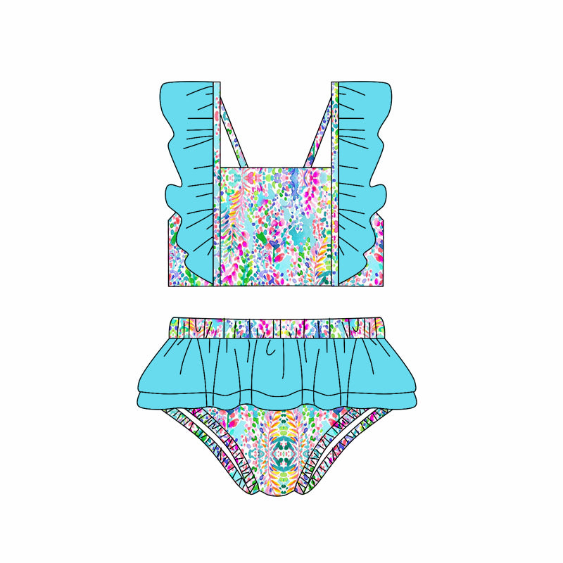 Blue flutter sleeves ruffle watercolor girls summer swimsuit
