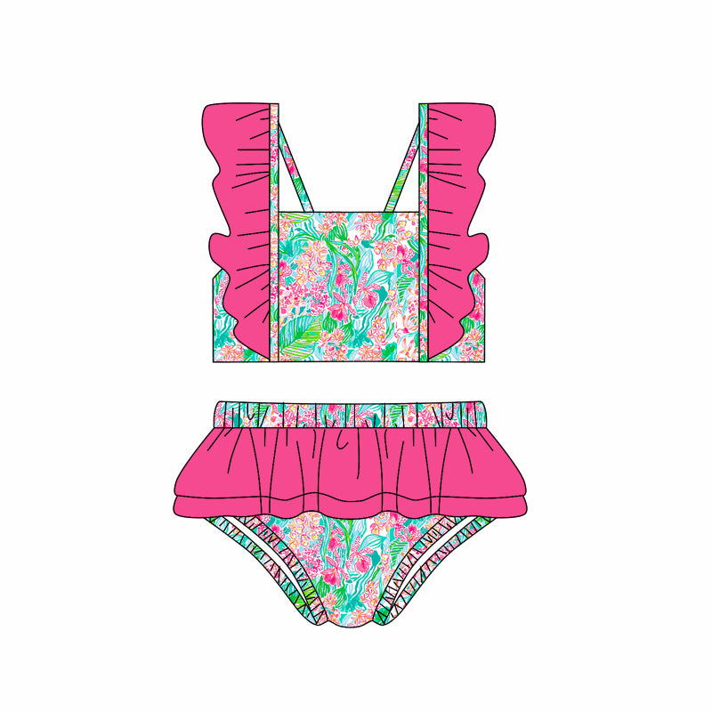 Blue flutter sleeves ruffle watercolor girls summer swimsuit