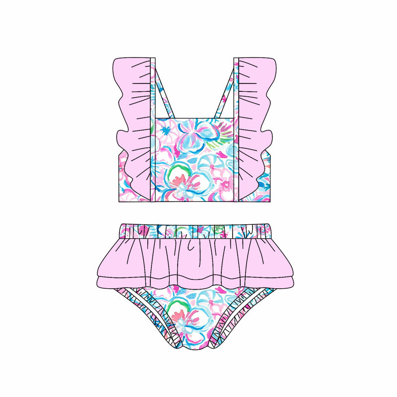Blue flutter sleeves ruffle watercolor girls summer swimsuit