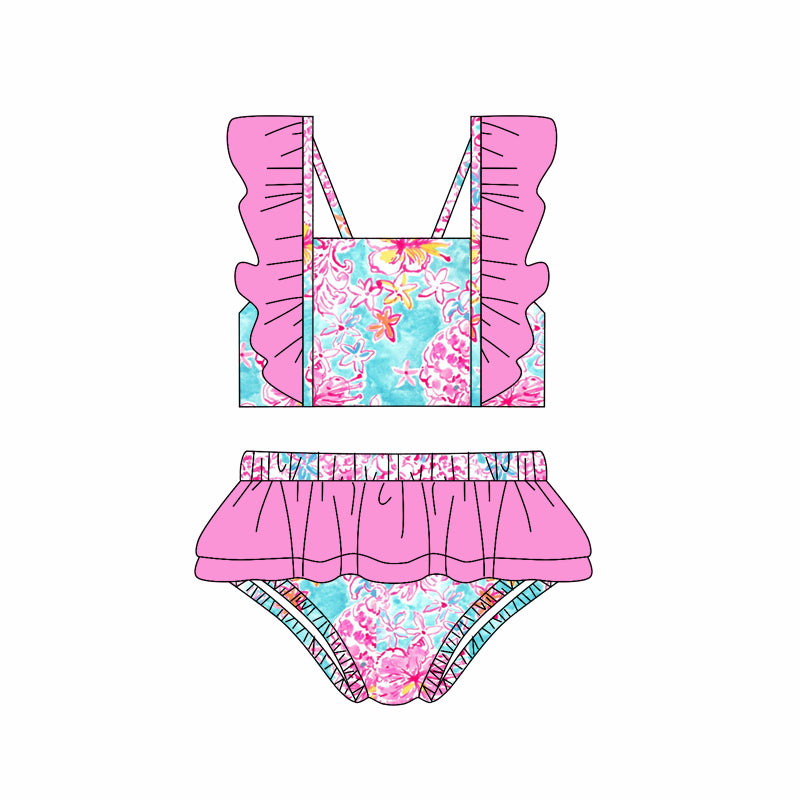 Blue flutter sleeves ruffle watercolor girls summer swimsuit