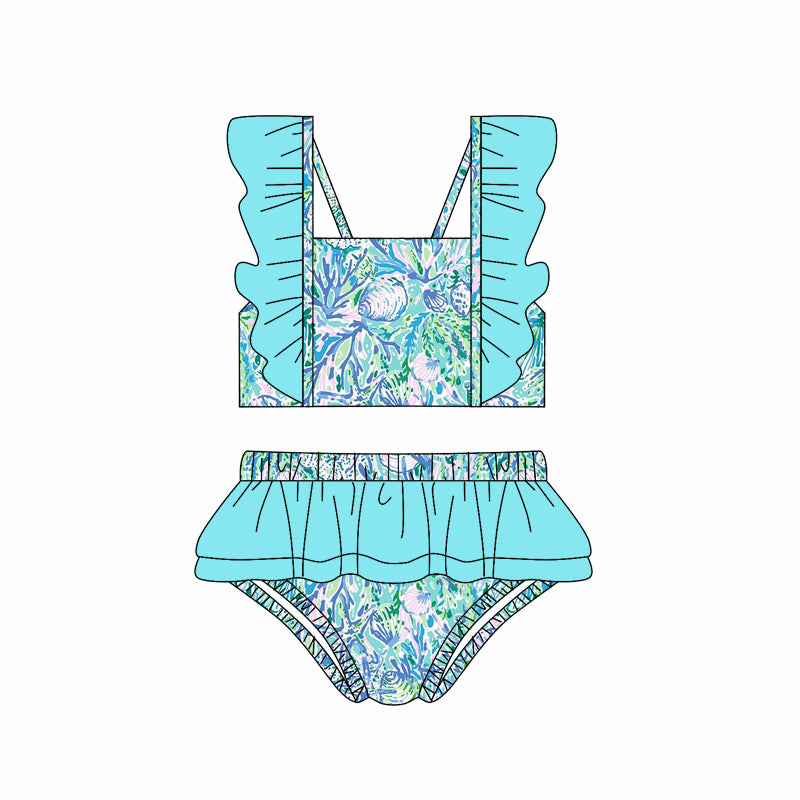 Blue flutter sleeves ruffle watercolor girls summer swimsuit