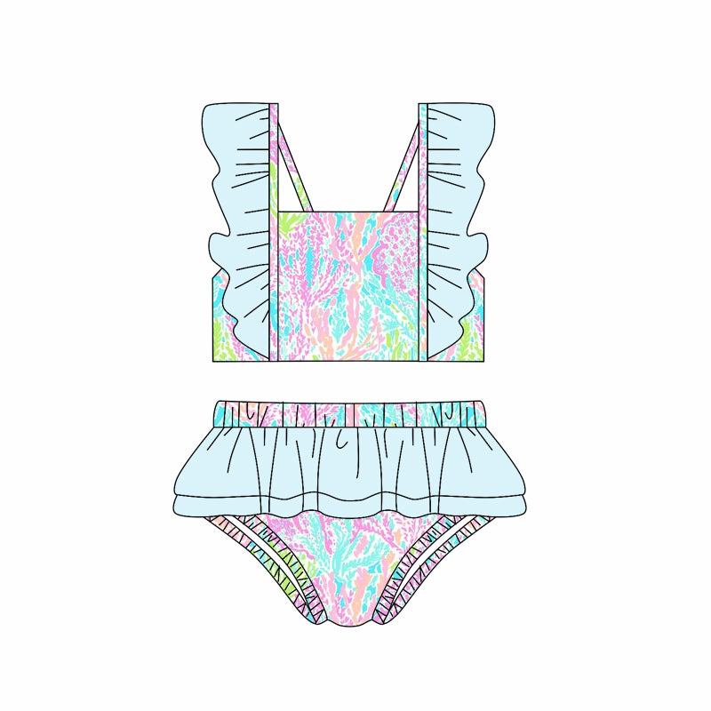 Blue flutter sleeves ruffle watercolor girls summer swimsuit