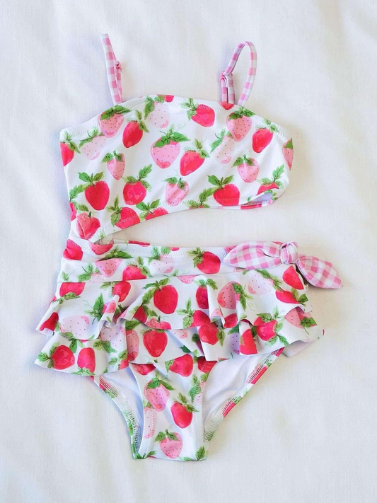 S0526Baby Girls Strawberry Ruffle One Piece Swimsuits
