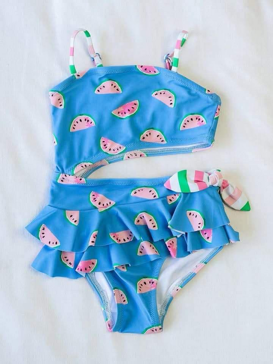 S0527Watermelon Ruffle One Piece Swimsuit for Baby Girls Summer Cute Print Feminine Detailing Infant Swimwear