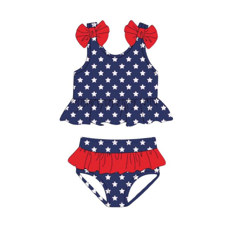 Girls 4th of July Two Pcs Swimsuit Blue Stars Red Ruffle USA Independence Day Theme Swimwear for Kids