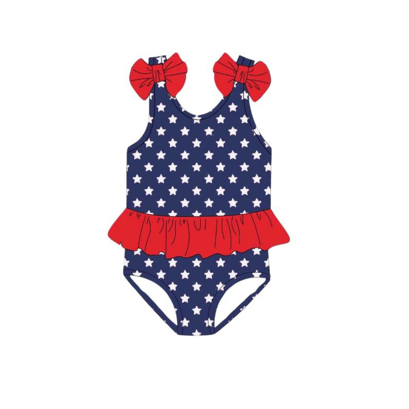 Girls 4th of July Two Pcs Swimsuit Blue Stars Red Ruffle USA Independence Day Theme Swimwear for Kids
