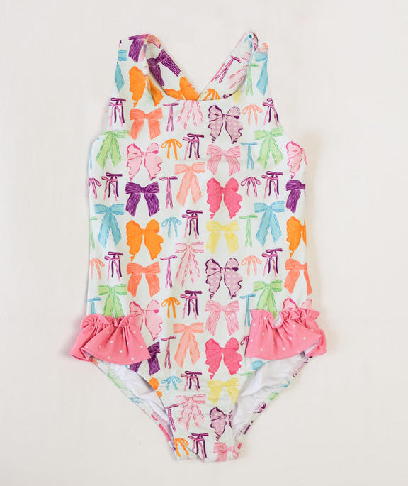 S0531Colorful Bow Baby Girls Sleeveless One Piece Swimsuit Summer Fun Floral Print Swimwear for Little Girls