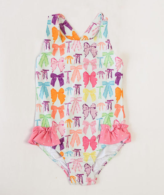 S0531Colorful Bow Baby Girls Sleeveless One Piece Swimsuit Summer Fun Floral Print Swimwear for Little Girls
