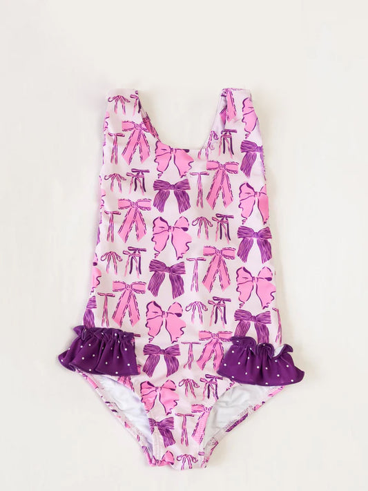 S0533Girls Sleeveless One Piece Swimsuit Purple Pink Bow Summer Style for Kids