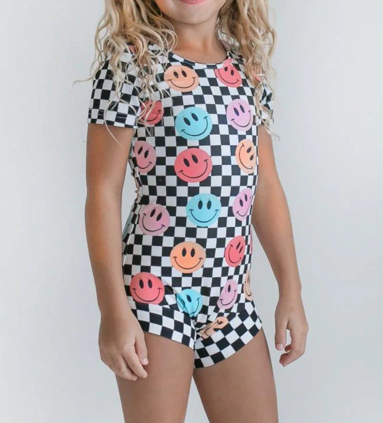 S0534Kids Girls Plaid Smiley One Piece Swimsuit Short Sleeve Swimming Costume for Children