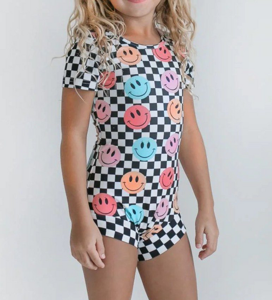 S0534Kids Girls Plaid Smiley One Piece Swimsuit Short Sleeve Swimming Costume for Children