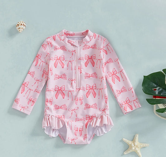 S0535Girls' Elegant Long Sleeve Pink Bow Zipper One-Piece Swimsuit