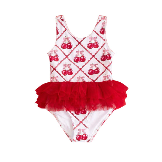 S0536Delightful Red Cherry Ruffle Sleeveless One-Piece Swimsuits for Baby Girls’ Summer Fun