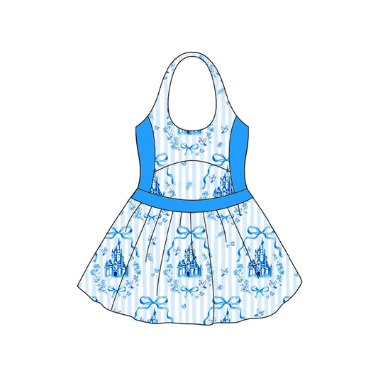 S0538Baby Girls Blue Strap Bows Castle One Piece Swimsuits Dresses