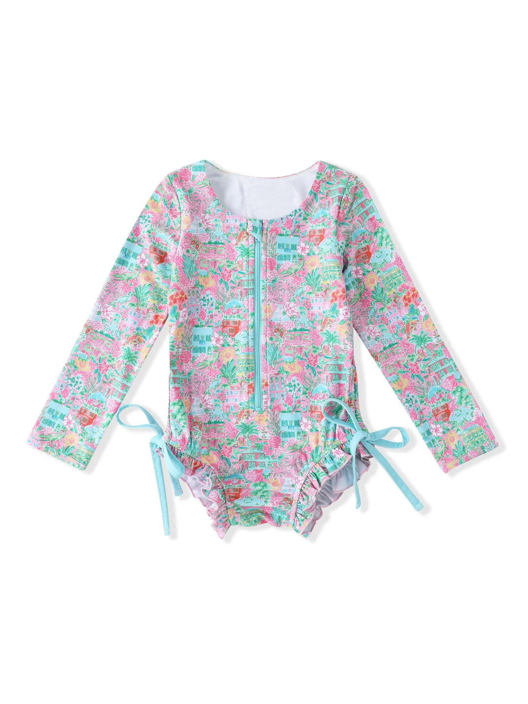 S0539Long sleeves watercolor floral kids girls summer swimsuit