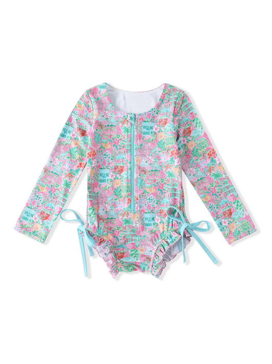 S0539Long sleeves watercolor floral kids girls summer swimsuit