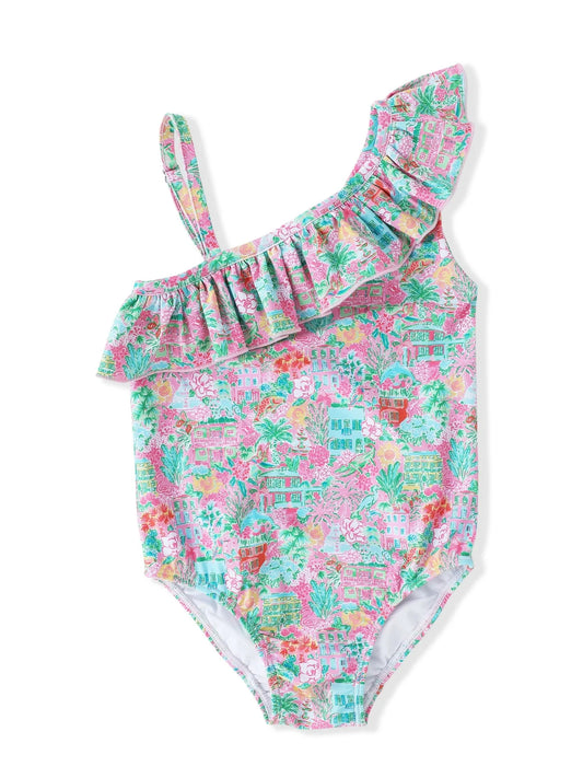 S0540Sleeveless ruffle watercolor floral girls summer swimsuit