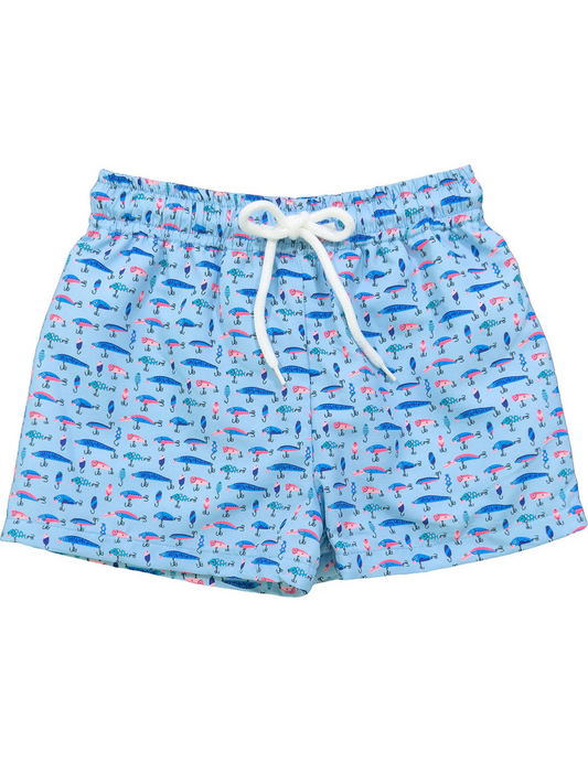 S0541Kids Boys Blue Fishing Lure Pattern Summer Swim Trunks Quick Dry Breathable Water Shorts for Beach And Pool