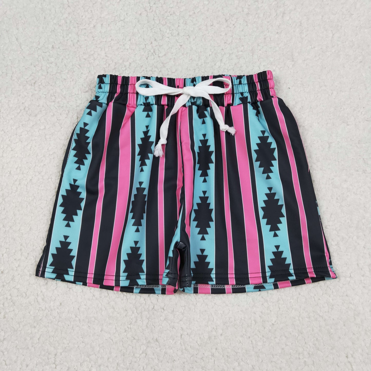 4.9 S0548 RTS NO MOQ （In stock ）Light blue aztec stripe western kids boys swim trunks