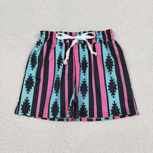 4.9 S0548 RTS NO MOQ （In stock ）Light blue aztec stripe western kids boys swim trunks