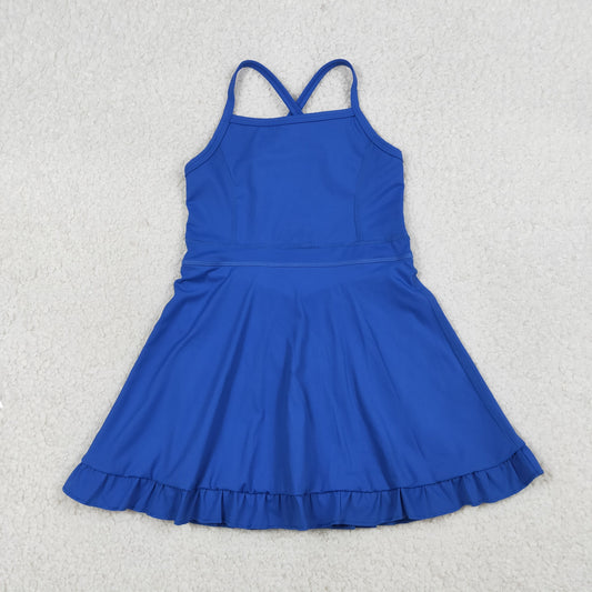 3.21 RTS NO MOQ （In stock）S0551 Kids Fashion Clothes Baby Girls Strap Blue Knit Knee Length Active Wear Athletic Dresses