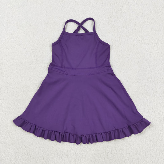 S0554RTS NO MOQ Baby Girls Summer Yoga Dress Baby Girls Purple straps ruffle  Athletic Active Wear Knee Length Dresses