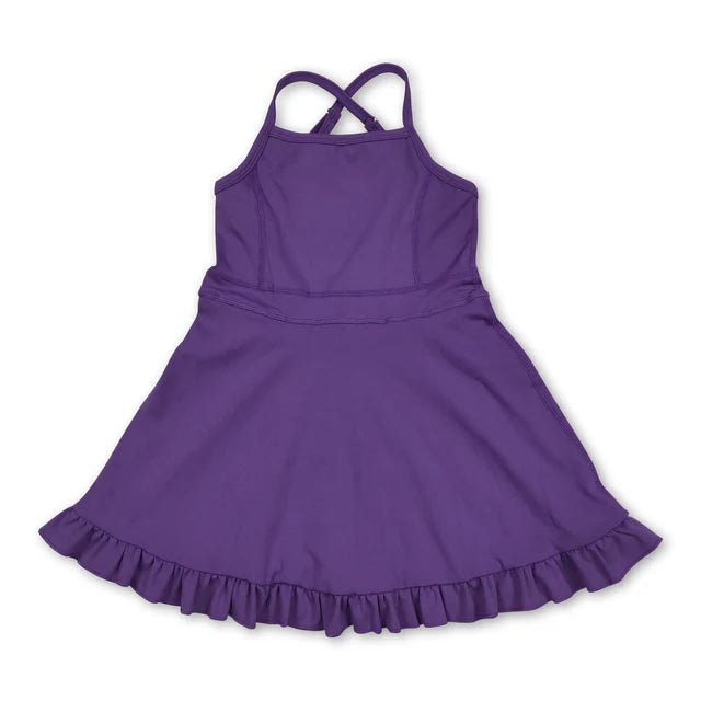 USA Warehouse (IN STOCK) Baby girls Solid color Straps floral ruffle athletic dresses and swimsuit set