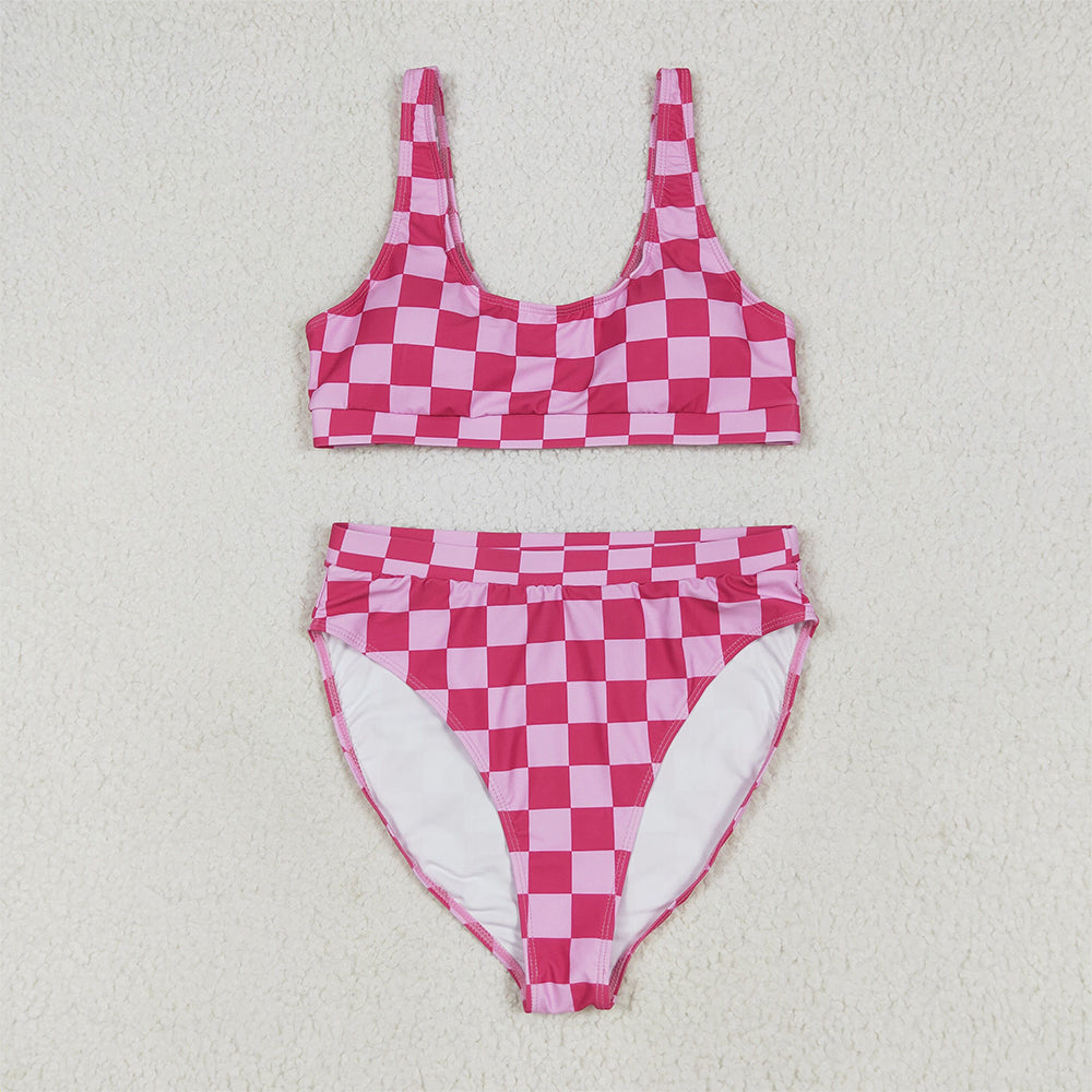 S0561+S0560 RTS NO MOQ Adult Women's Swimsuit Adult Women Pink Checkered Bra Swim Top Adult Women Pink Checkered Swim Bottom Sets