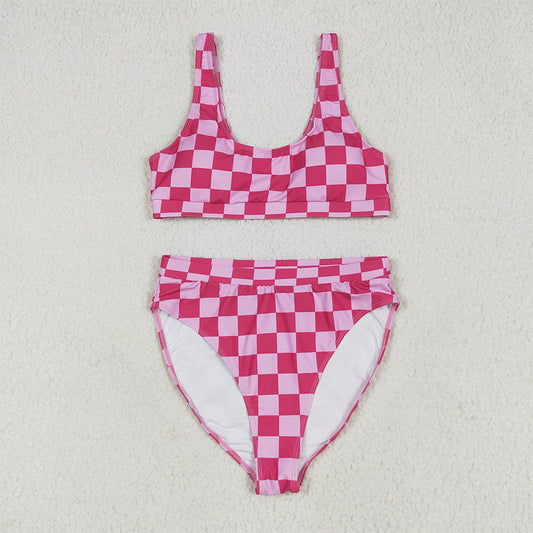 S0561+S0560 RTS NO MOQ Adult Women's Swimsuit Adult Women Pink Checkered Bra Swim Top Adult Women Pink Checkered Swim Bottom Sets