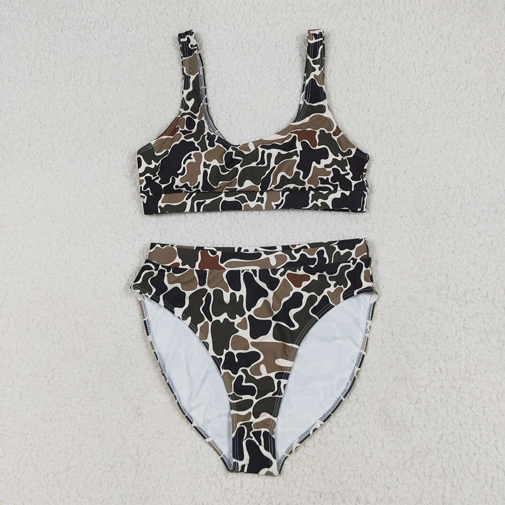 8.19 S0566+S0567 RTS NO MOQ Adult Women's Swimsuit Dark camo adult women summer swim top summer swim bottom sets