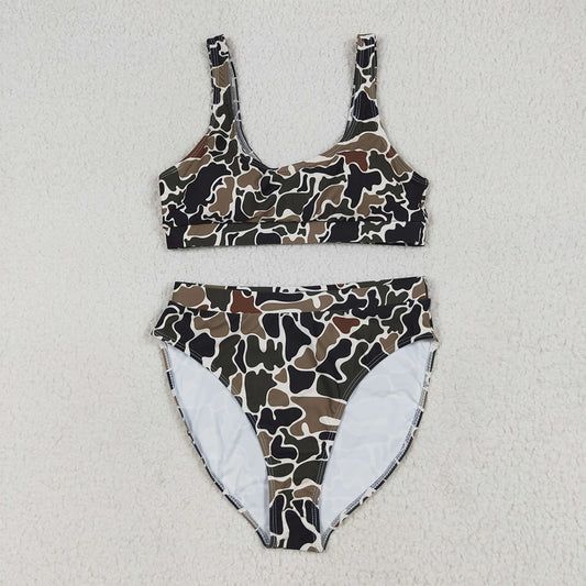 8.19 S0566+S0567 RTS NO MOQ Adult Women's Swimsuit Dark camo adult women summer swim top summer swim bottom sets