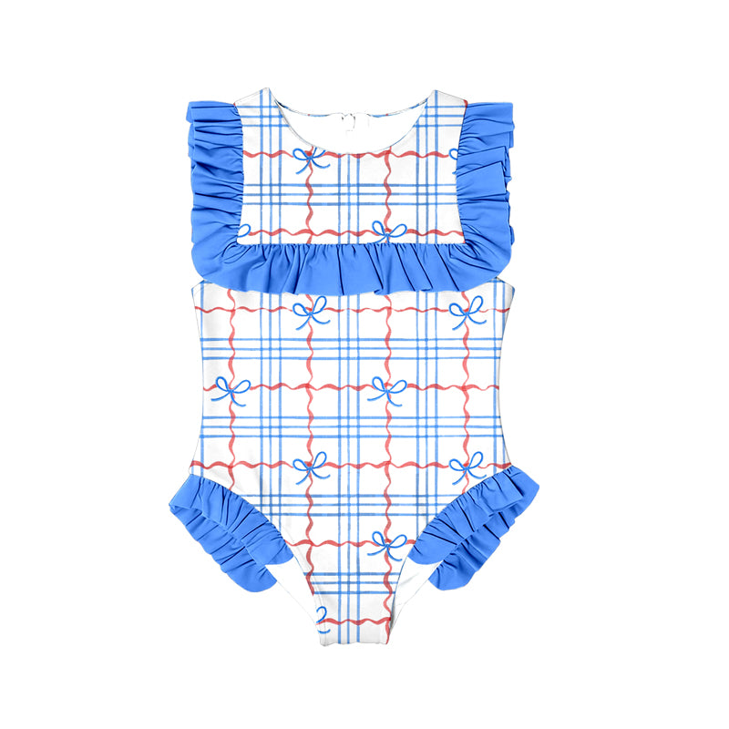 10.27 (Pre Order) No moq S0590 PRE-ORDER Baby Girls Red Blue Bows Checked July 4th Ruffle Swimsuit