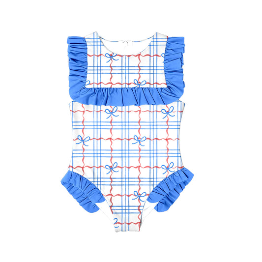 10.27 (Pre Order) No moq S0590 PRE-ORDER Baby Girls Red Blue Bows Checked July 4th Ruffle Swimsuit