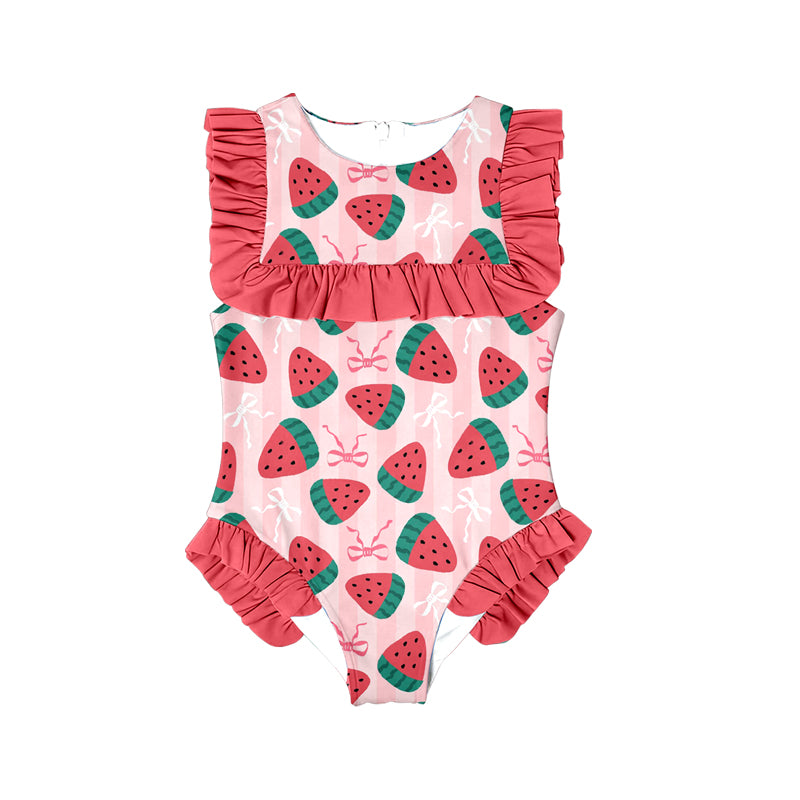 10.27 (Pre Order) No moq S0591 PRE-ORDER Baby Girls Pink Stripe Watermelons Ruffle Swimsuits
