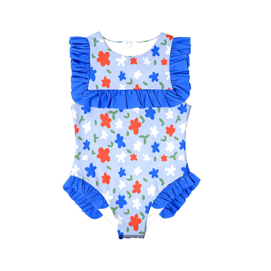 10.27 (Pre Order) No moq S0592 PRE-ORDER Baby Girls Red Blue Flowers July 4th Ruffle Swimsuits