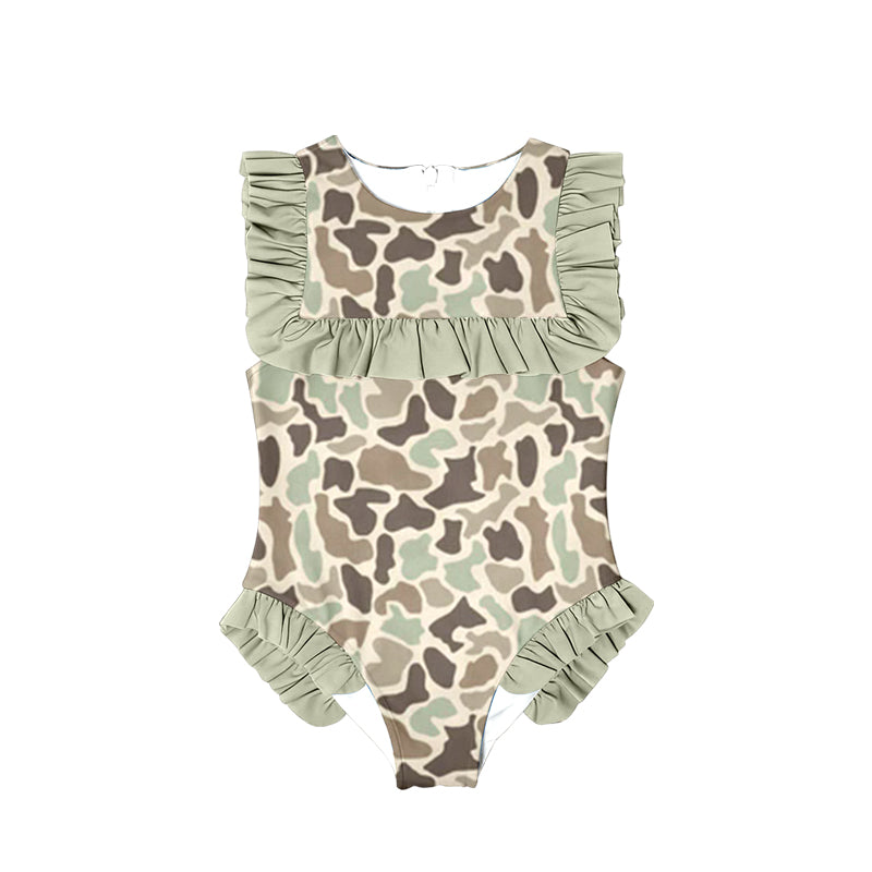 10.27 (Pre Order) No moq S0595 PRE-ORDER Baby Girls Khaki Camo Ruffle Swimsuits