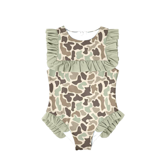 10.27 (Pre Order) No moq S0595 PRE-ORDER Baby Girls Khaki Camo Ruffle Swimsuits