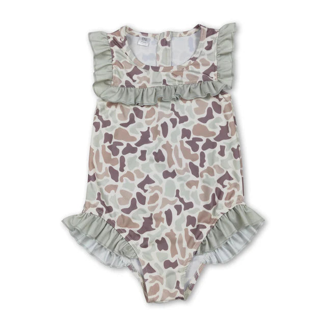 RTS Sibling Ruffle camo hunting baby girls one piece swimsuit