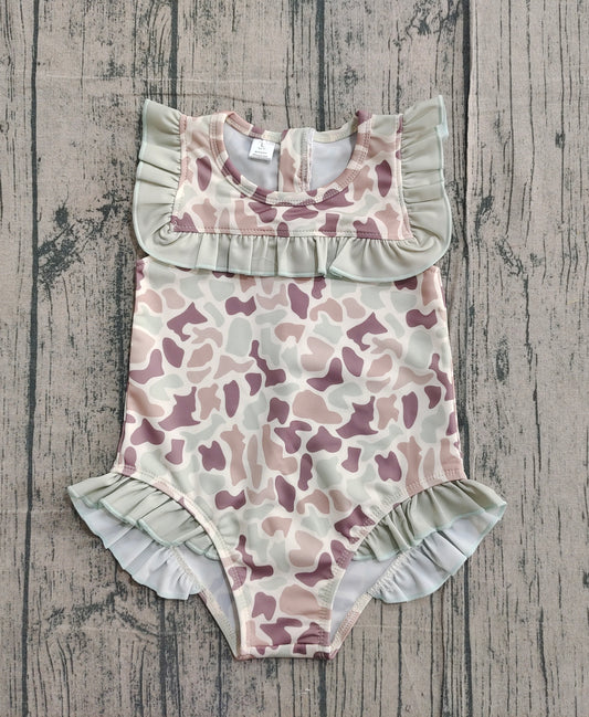 11.24 S0595 Sample No Moq Baby Girls Khaki Camo Ruffle Swimsuits