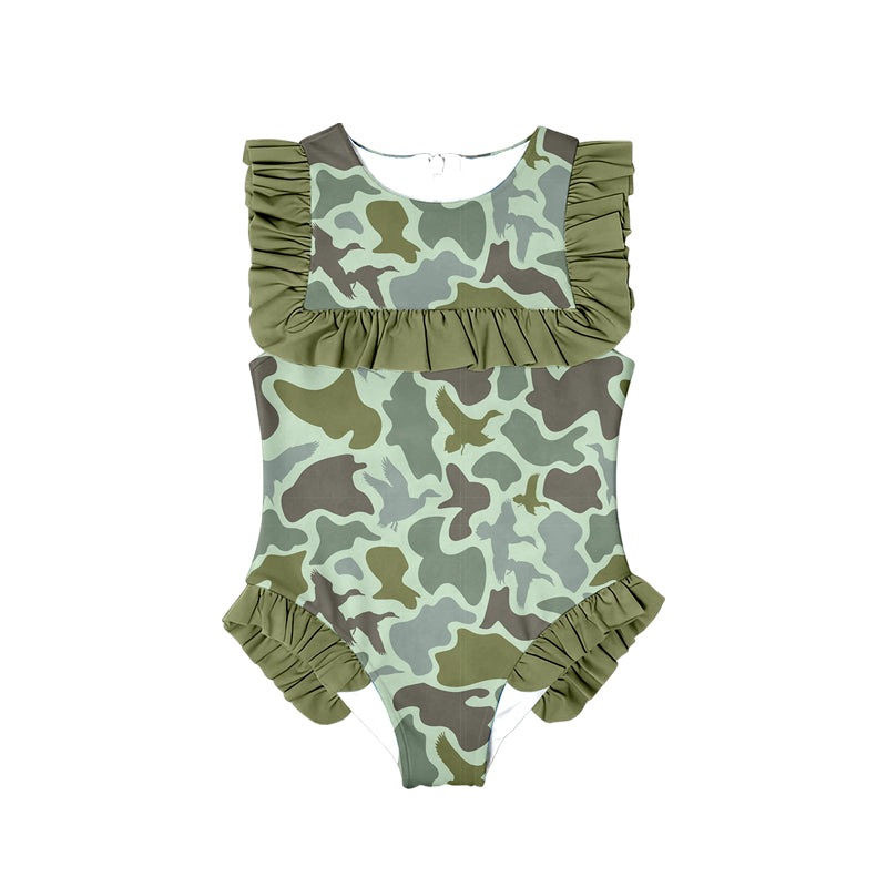 10.27 (Pre Order) No moq S0596 PRE-ORDER Baby Girls Green Ducks Camo Ruffle Swimsuits