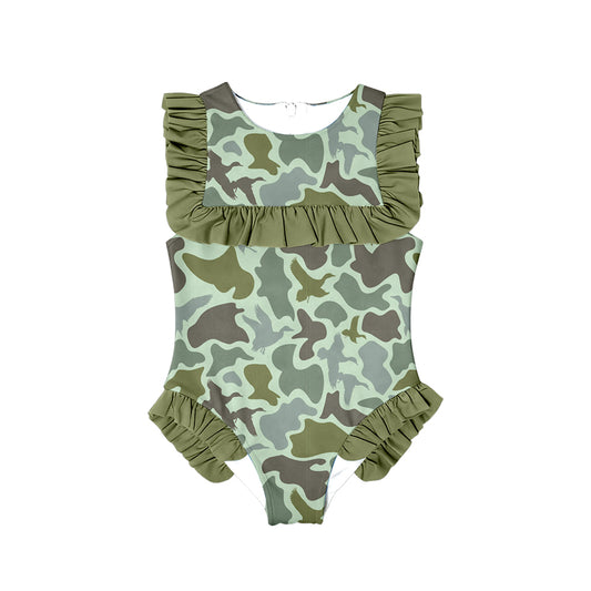 10.27 (Pre Order) No moq S0596 PRE-ORDER Baby Girls Green Ducks Camo Ruffle Swimsuits