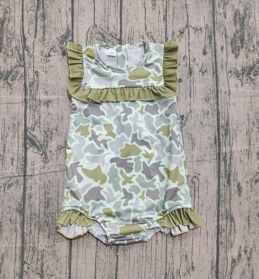 11.11 S0596 Sample No Moq Baby Girls Green Ducks Camo Ruffle Swimsuits