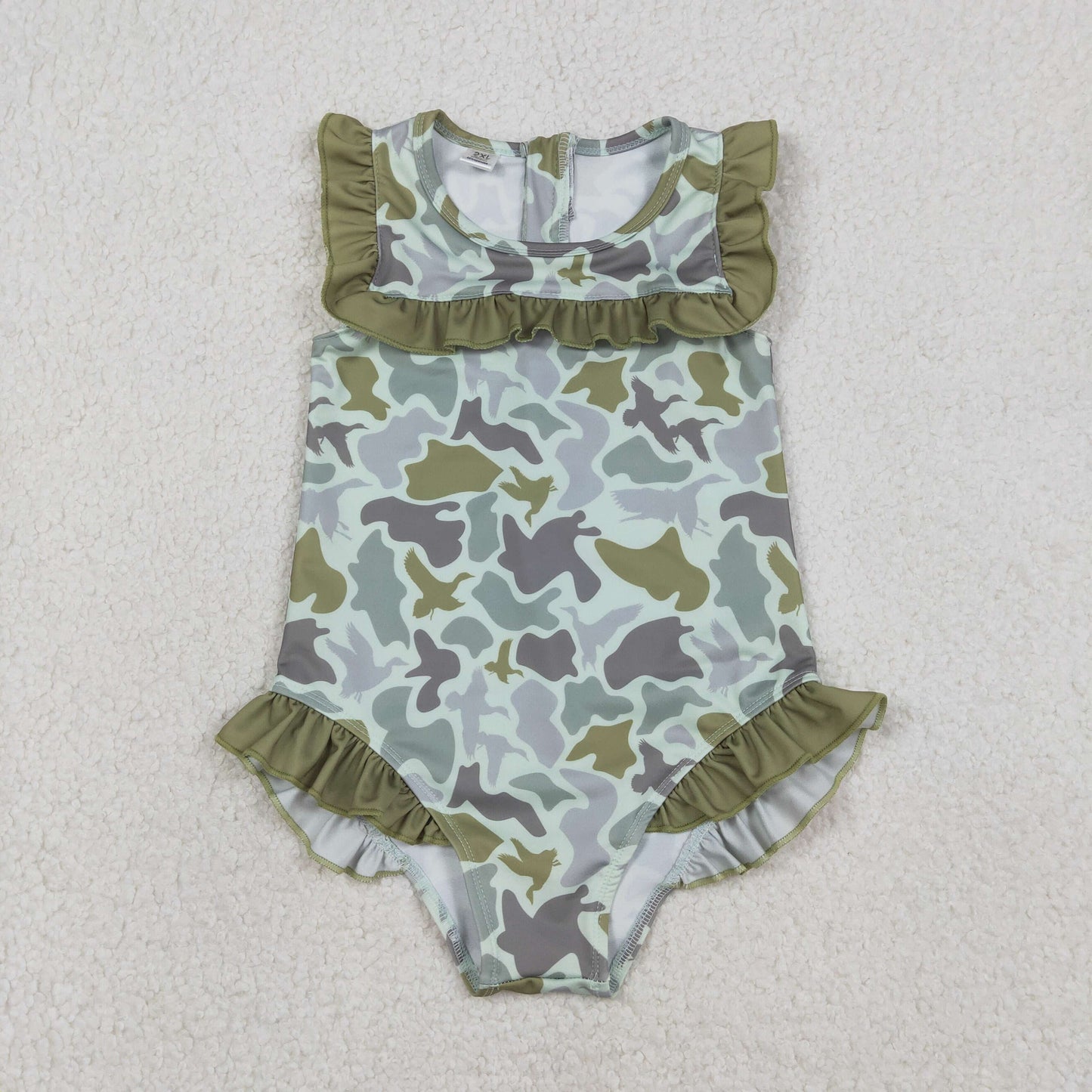 1.9 RTS NO MOQ （In stock）S0596 Baby Girls Southern Hunting Green Ducks Camo Ruffle Swimsuits